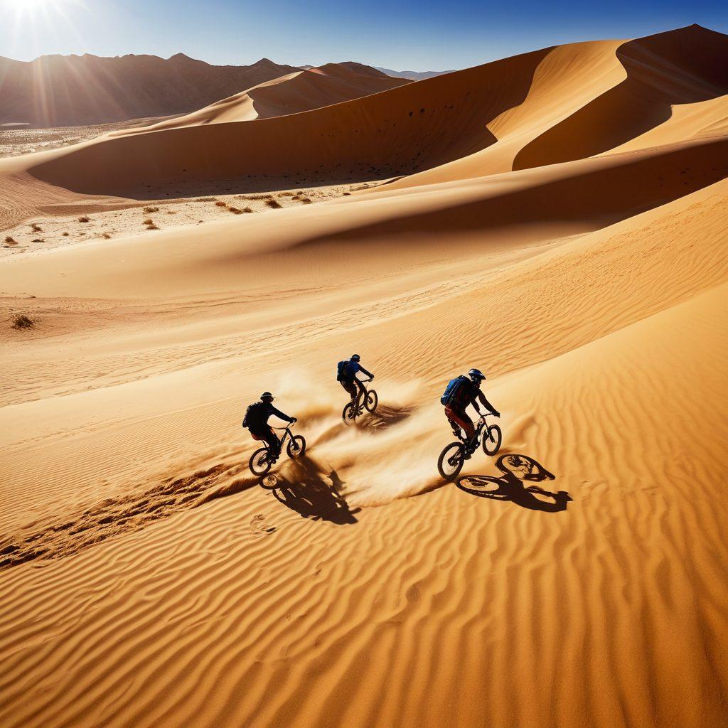 A dynamic scene of athletes engaging in extreme sports like sandboarding, mountain biking, and rock climbing in a vibrant desert landscape under a blazing sun. The terrain features golden dunes, rugged cliffs, and deep blue sky, with motion blur effects capturing thrilling action. The image should evoke a sense of adventure and adrenaline. vibrant colors. super-realistic.