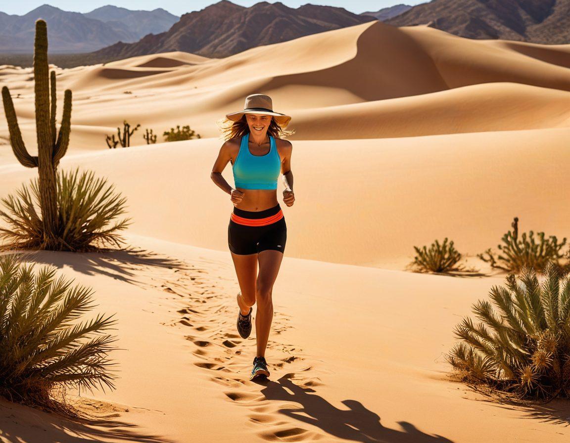 A sun-drenched desert landscape with a person engaging in fitness activities like running or cycling, surrounded by essential gear such as hydration packs, sun hats, and fitness mats. Include cacti and sand dunes in the background to evoke a sense of adventure and heat. The scene should radiate warmth and vitality, highlighting the joy of outdoor exercise in a desert setting. vibrant colors. super-realistic.