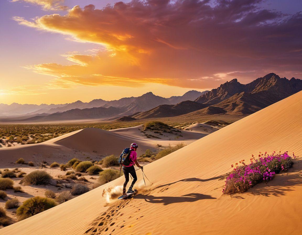 A dynamic scene showcasing athletes engaged in various desert sports such as sandboarding, trail running, and rock climbing against a vibrant sunset backdrop. Include colorful desert flora and rugged mountains in the background to convey adventure and diversity. Use warm tones to capture the essence of heat and excitement. super-realistic. vibrant colors. cinematic lighting.